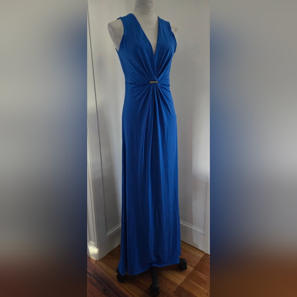 Halston Heritage deep V column A-line gown in royal blue sz S